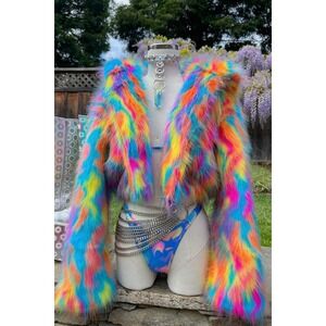Space Island Rainbow Tie Dye Faux Fur Cropped Hooded Rave Jacket Neon 2XL